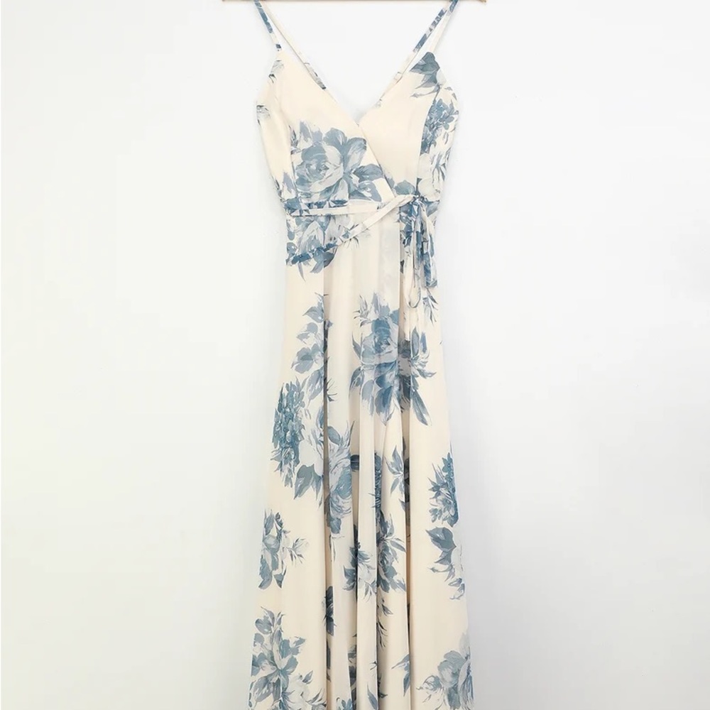 Lulus cream & blue floral print wrap maxi dress